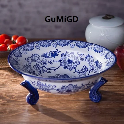 guci Blue and white porcelainthree foot fruit trayfruit bowl Jingdezhen hand painted ceramic home decoration products, ceramic d