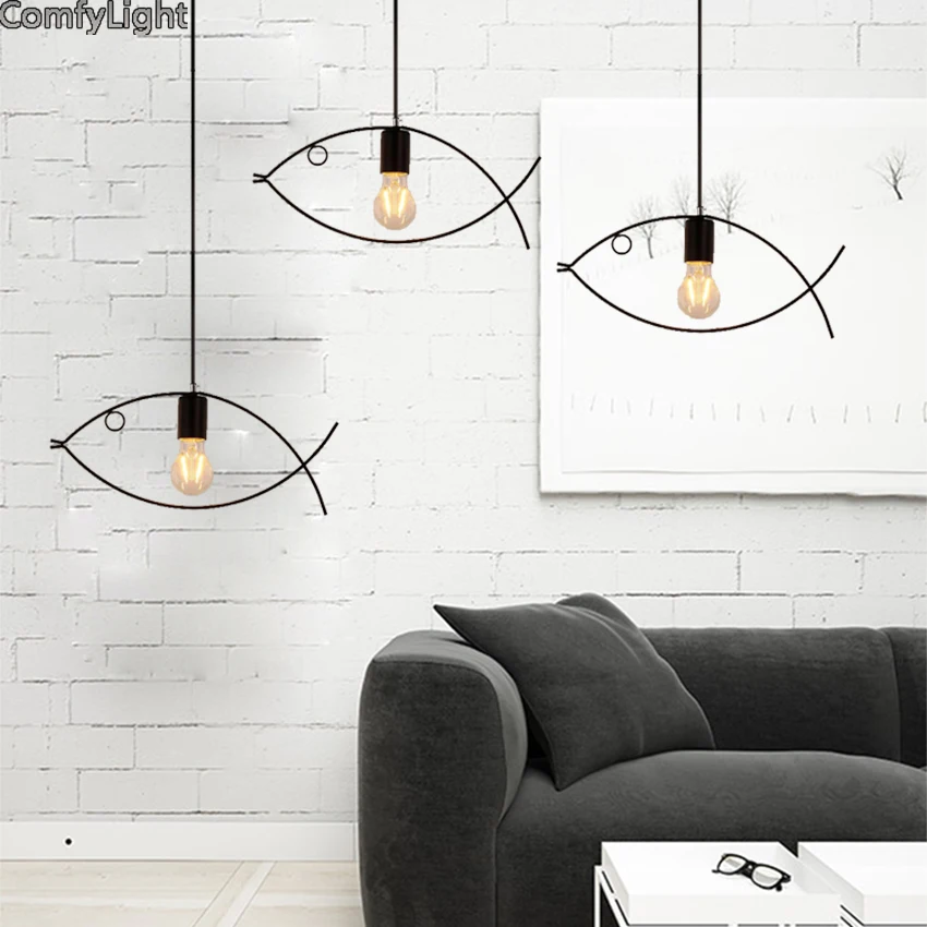 

Pendant Lamp Wrought iron lamp fish shape Creative Retro Nordic industrial style restaurant barbershop coffee shop droplight LED