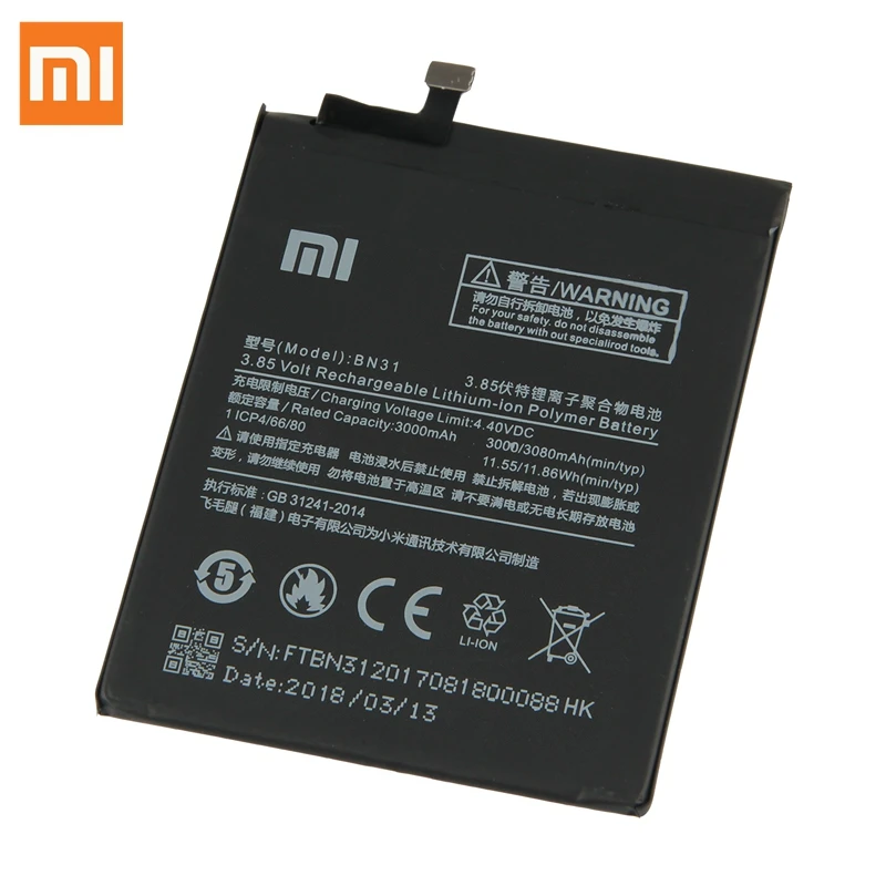 Сменный аккумулятор XIAO mi BN31 для Xiaomi mi 5X mi 5X A1 mi A1 Red mi Note 5A подлинные Аккумуляторы для телефонов 3080 мАч