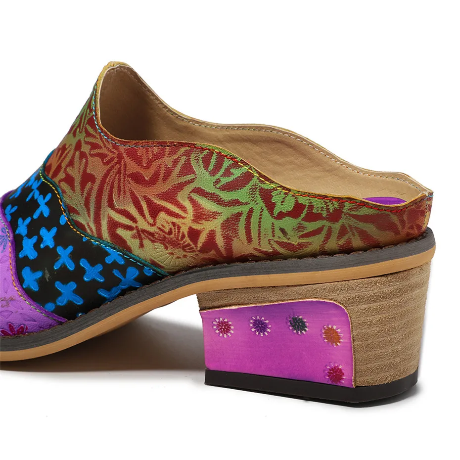 Богемные женские мюли из натуральной кожи туфли лодочки с винтажным принтом