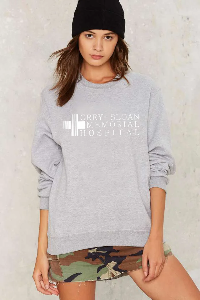 Для женщин шею oversize-худи модные серые Sloan Мемориал больницы кофты Повседневное с