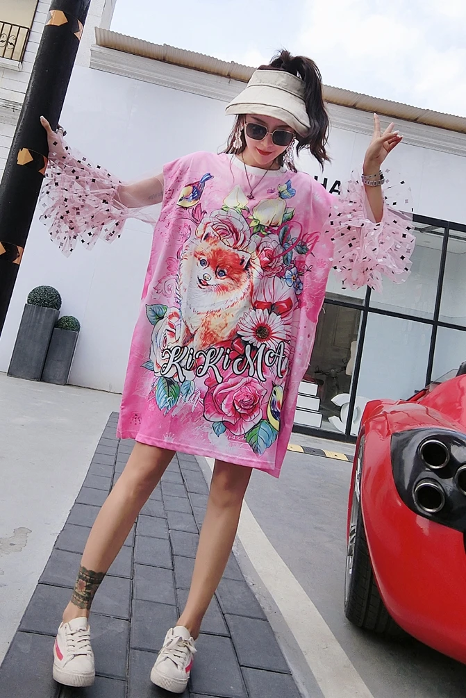 Брендовое европейское платье 2018 летнее новое с короткими рукавами рисунком