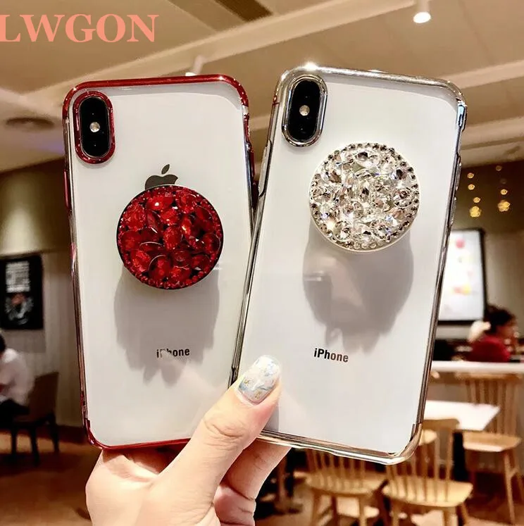 Lwgon Luxury Bling Diamond Airbag Bracket Rhinestone Crystal Clear Soft Case Cover For OPPO R9 R9S R11 R11S Plus R15 R17 P |