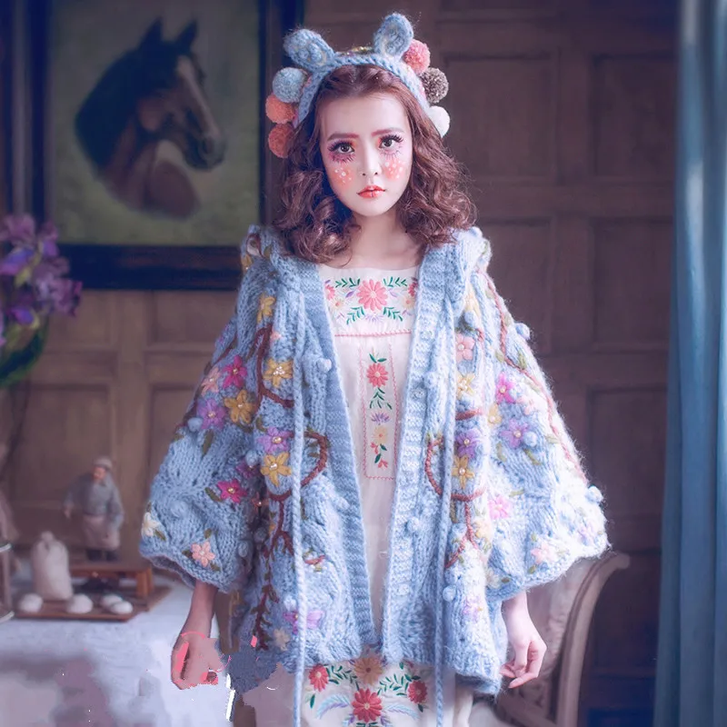 2019 Cardigan Feminino Poncho Magic Doll Spring Virgin Female Blue Heavy Hand Embroidery Stick Needle Loose Hat Rabbit |