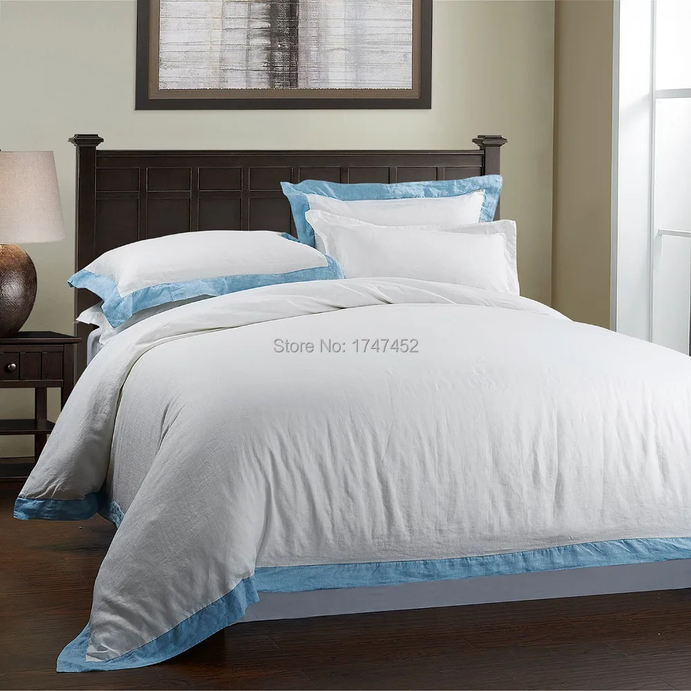 

100%Pure Linen STONE Washed BEDDING SET with blue border