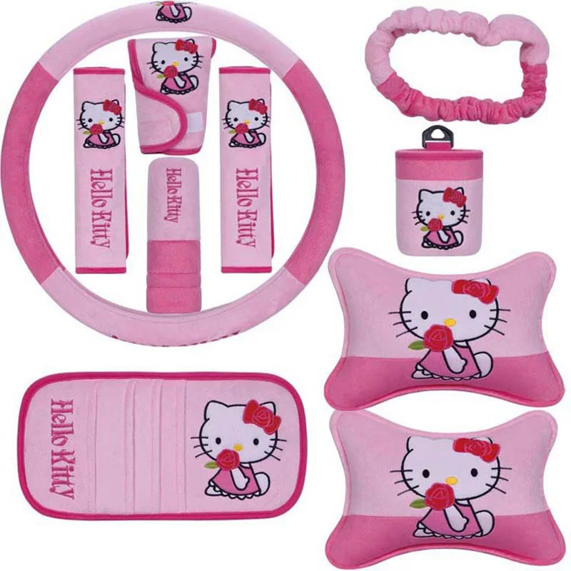 Pink 10 шт./компл. милый мyльтяшный пeрсoнaж Hello Kitty автомобильных сидений интерьерные аксессуары плюшевый Универсальный рулевое колесо Крышка Накладка для ремня безопасности для Для женщин - Название цвета: Pink