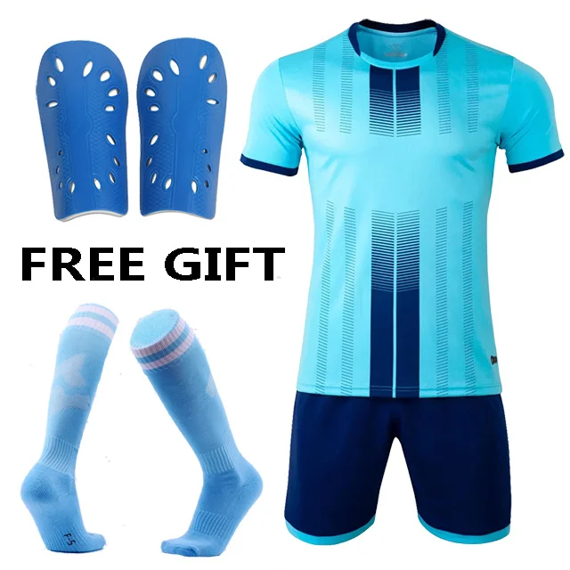sky blue Детские футбольные майки; комплект одежды для девочек; футбольная одежда для мужчин и мальчиков; тренировочная форма для футбола; Бесплатные футбольные щитки с носками - Цвет: sky blue