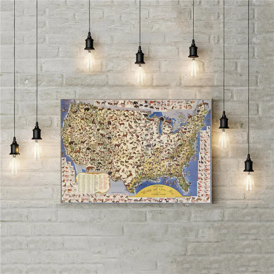 Antique Map of the United States Various Animals Detailed Introduction Canvas Drawing Print Wall Art Sticker School Home Decor | Дом и сад