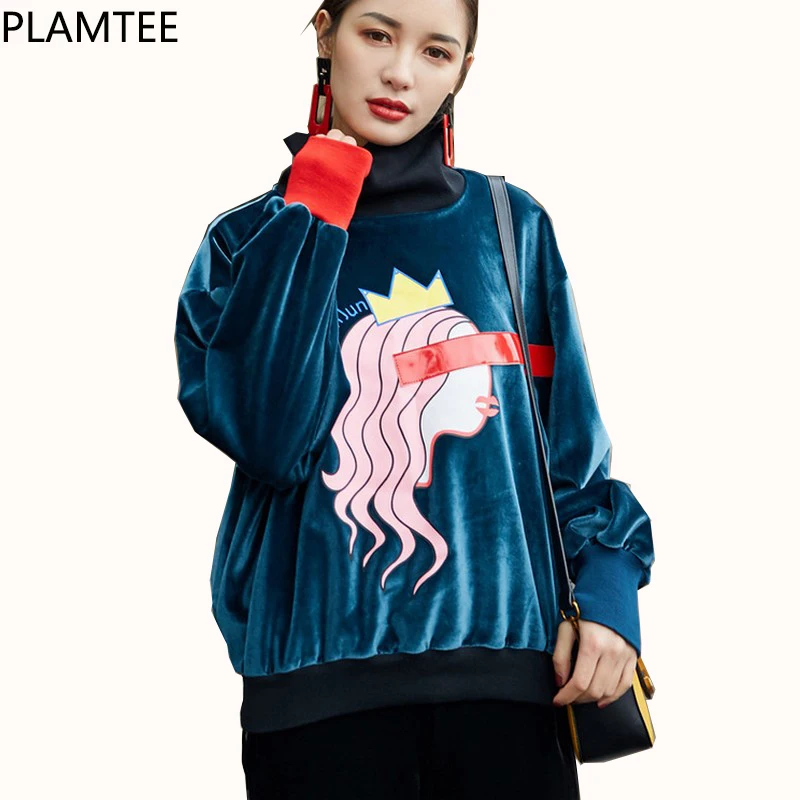 PLAMTEE 2018 весенние Kawaii винтажные худи женские велюровые гольф с длинными рукавами