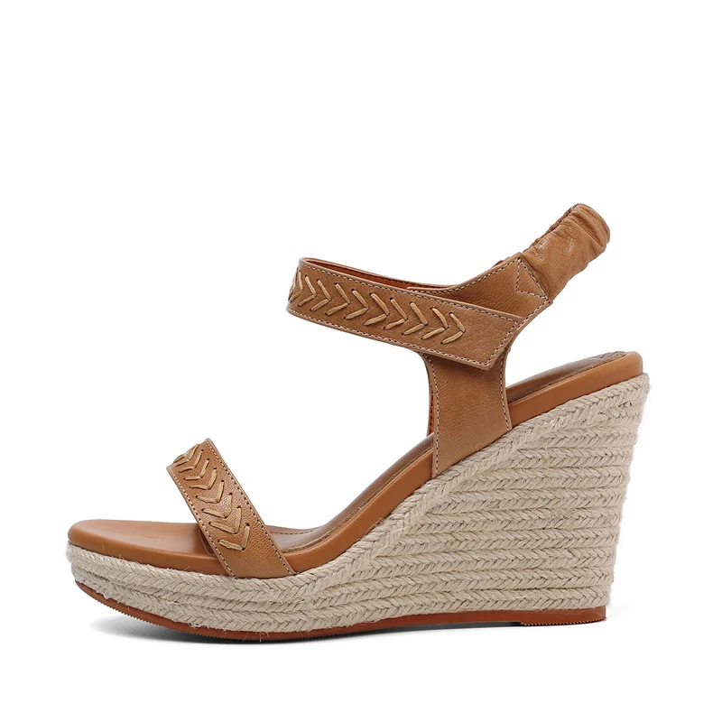 

Comfortable open-toe sheepskin wedge sandals popular leather for women with ultra-high heels in a retro fashion for summer 2019