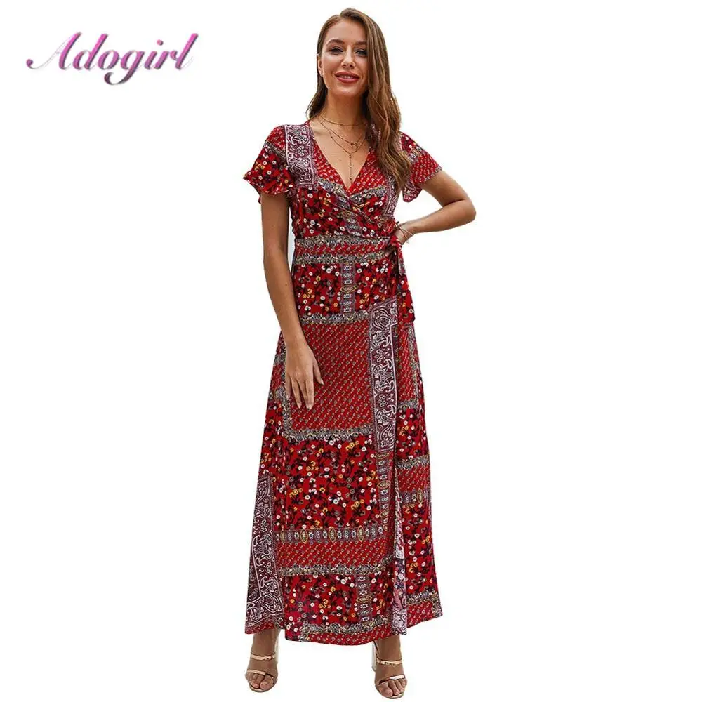 

Elegant Summer Floral Print Boho Beach Wrap Long Dress Women Casual Short Sleeve V Neck Evening Party Club Dresses Sexy Vestidos