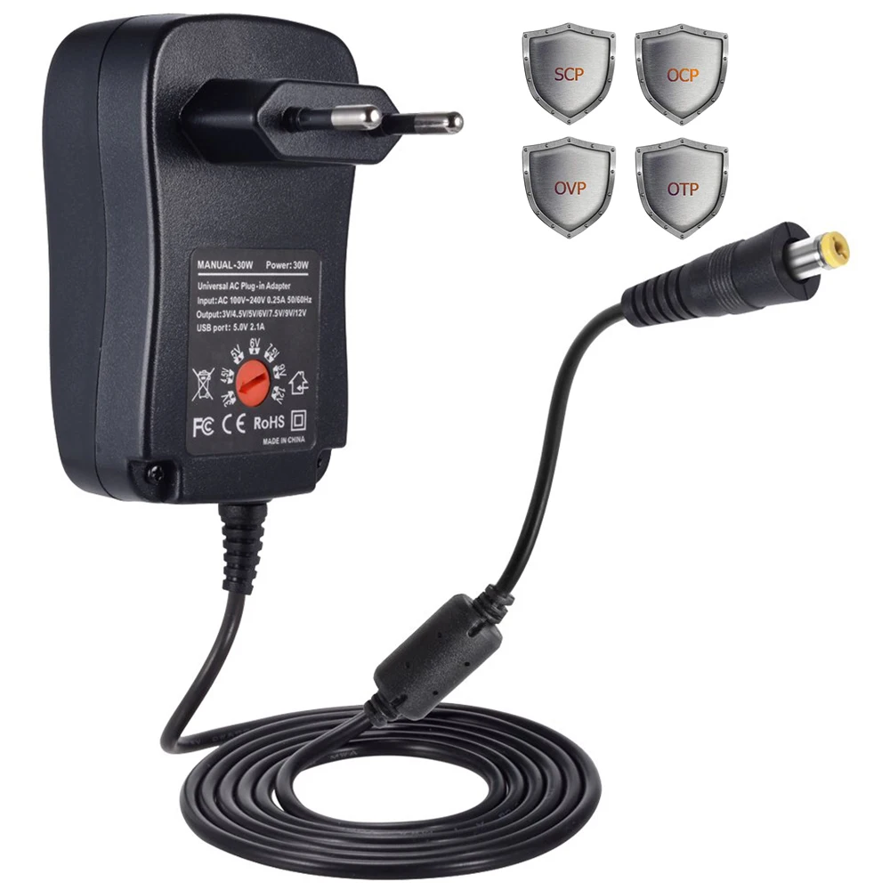 30W Универсальный адаптер питания 3V 4,5 V 5V 6V 7,5 V 9V 12V AC DC зарядное устройство преобразователь питания+ 5V 2.1A USB порт с 8Pcs jack-черный