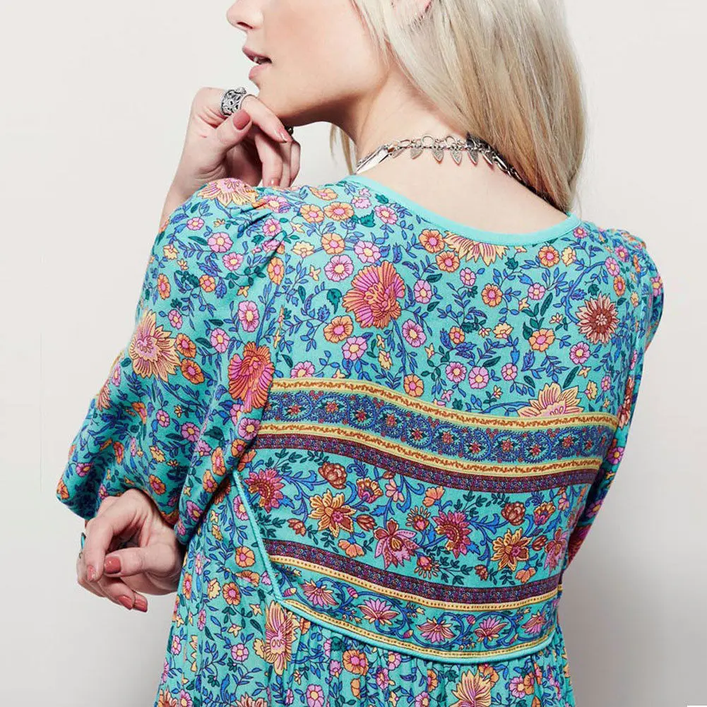 Женское длинное платье с цветочным принтом Boho Свободное длинными рукавами