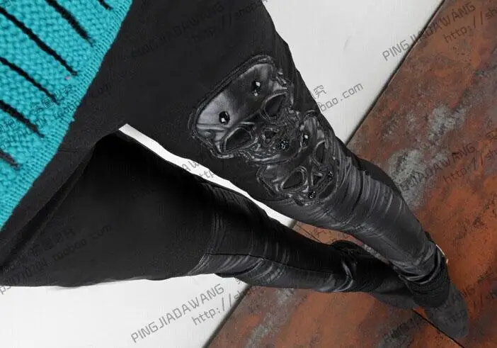 Женские кожаные брюки облегающие большого размера с принтом в виде черепа стиле