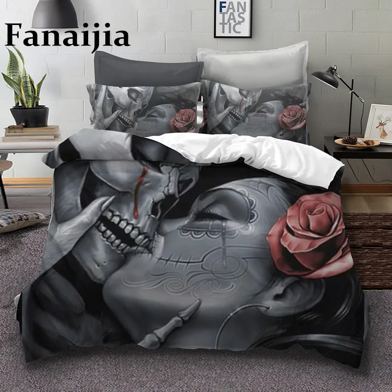 Fanaijia Sugar rose skull Bedding Set king kiss Duvet Cover Bed Husband and wife Print Bedclothes queen size | Дом и сад