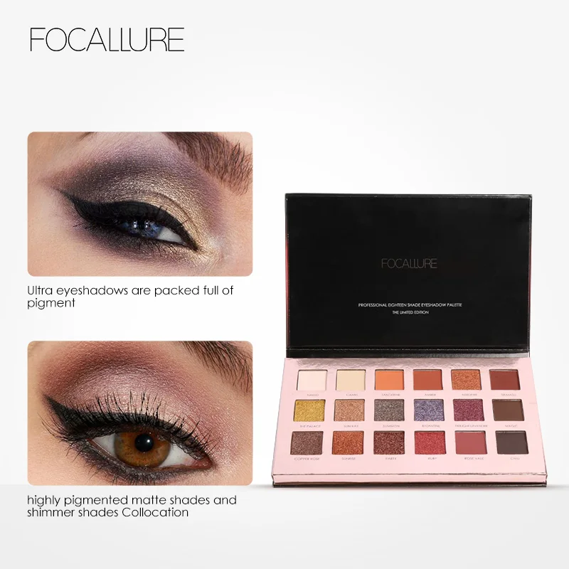 Тени для век FOCALLURE 18 шт. высокопигментированные блестящие матовые мерцающие тени