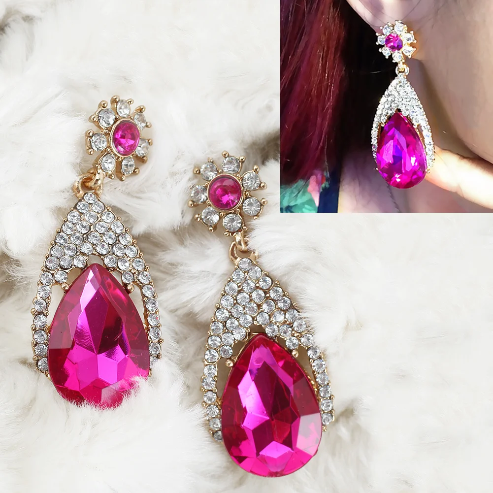 Золото + Красная Роза Кристалл Rhinestone Капли Воды Мотаться Серьга Серьги Brincos Для