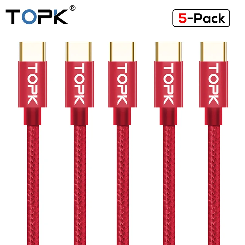 5 шт./упаковка кабель TOPK USB Type C в нейлоновой оплетке для синхронизации данных и