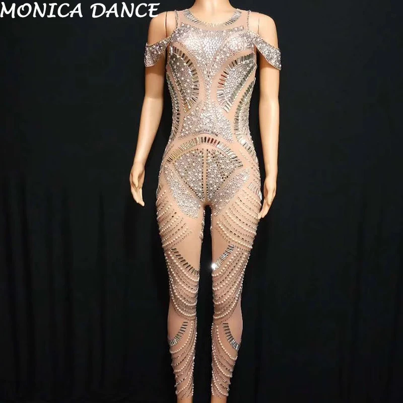 Women Sexy Silver Sparkly Rhinestones Mesh Jumpsuit Singer Dance Outfit See Through Nightclub Wear Birthday Celebrate Jumpsuit