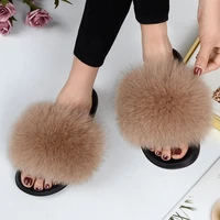 women summer casual fluffy slippers with fur flat non slip real fox fur furry slides large size shoes fur sandals free shipping