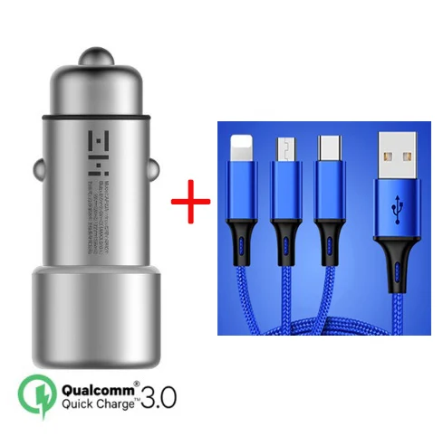add 3in1 blue cable Оригинальное автомобильное зарядное устройство Xiaomi ZMI с кабелем 3 в 1, двойной USB QC 3,0, быстрая зарядка, 5 В, 2,4 А, металл, для iPhone, samsung, iPad, huawei, телефона - Цвет: add 3in1 blue cable