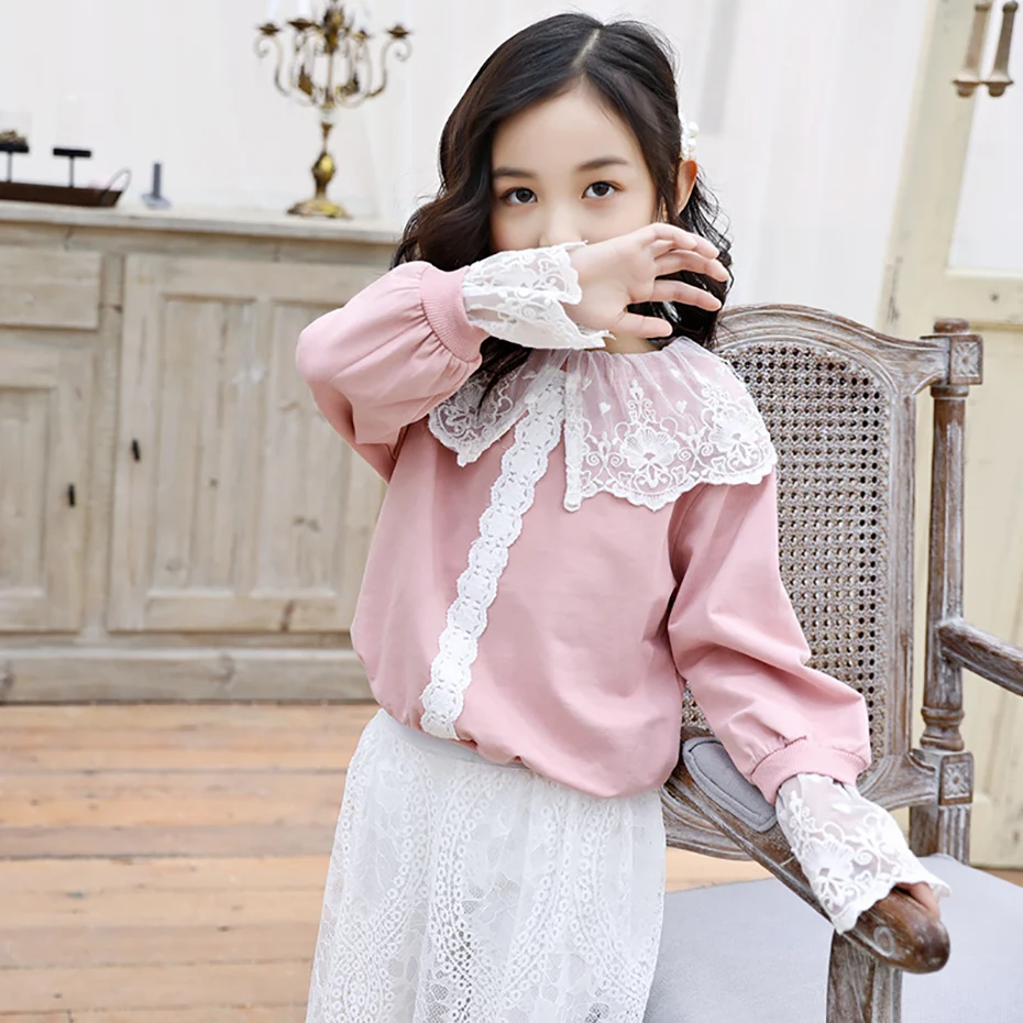 Блузка для девочек блузка с кружевным воротником школьные рубашки длинными