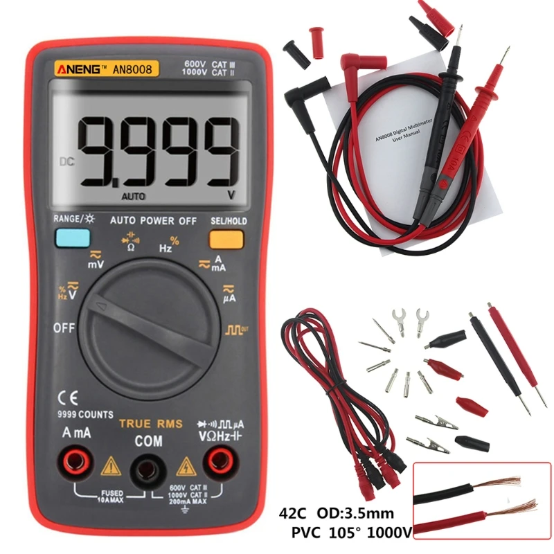 

AN8008 Digital Multimeter 9999 counts AC/DC Ammeter Voltmeter Ohm Electrical dcammete frequency counter power meter