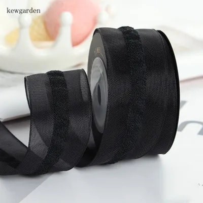 Kewgarden сэндвич кружева Марля атласная Вуаль ленты DIY брошь бант " 1,5" 5/" 15 25 38 мм вручную изготовленная лента упаковка Riband 5Y - Цвет: Черный
