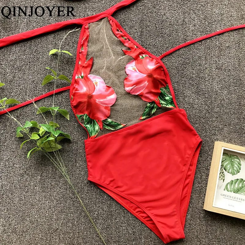 Женский слитный купальник QINJOYER монокини с высокой горловиной и цветочным