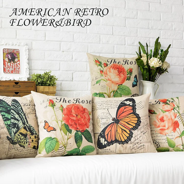Американский кантри Цветочная подушка птица с бабочкой льняная наволочка