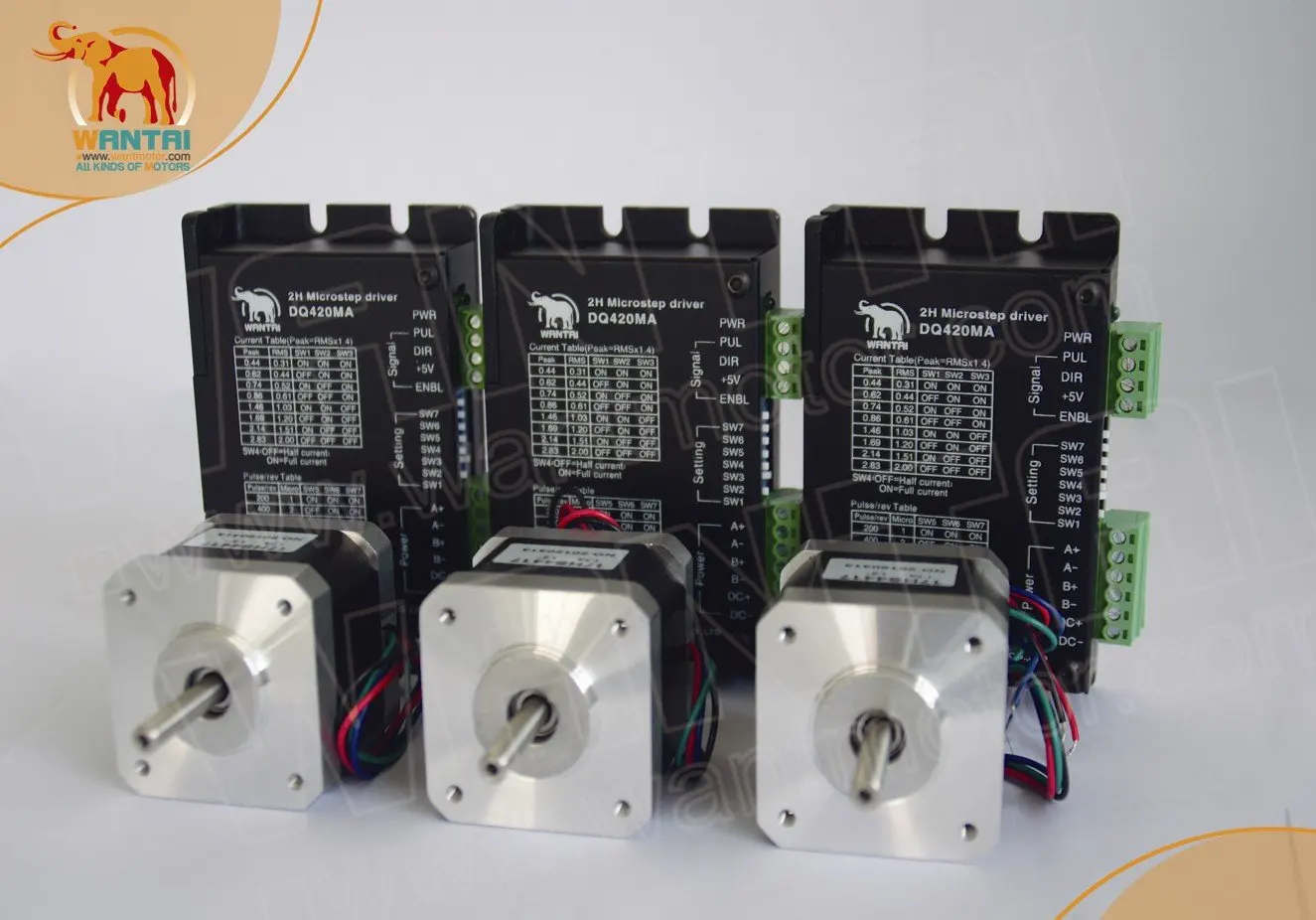 

Wantai 3 Axis 42BYGHW609 CNC Nema 17 Stepper Motor 4000g.cm,1.7A and DQ420MA Digital Driver 36VDC/1.7A/ 128Mic Mill