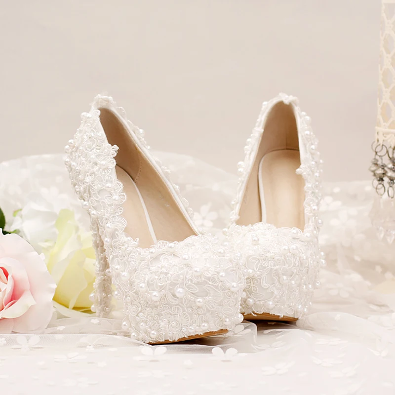 

White Sweet Lace Pearl Bridal Shoes Super High Heels Platform Wedding Dress Party Shoes for Women's Wedding Shoes Girl Pumps