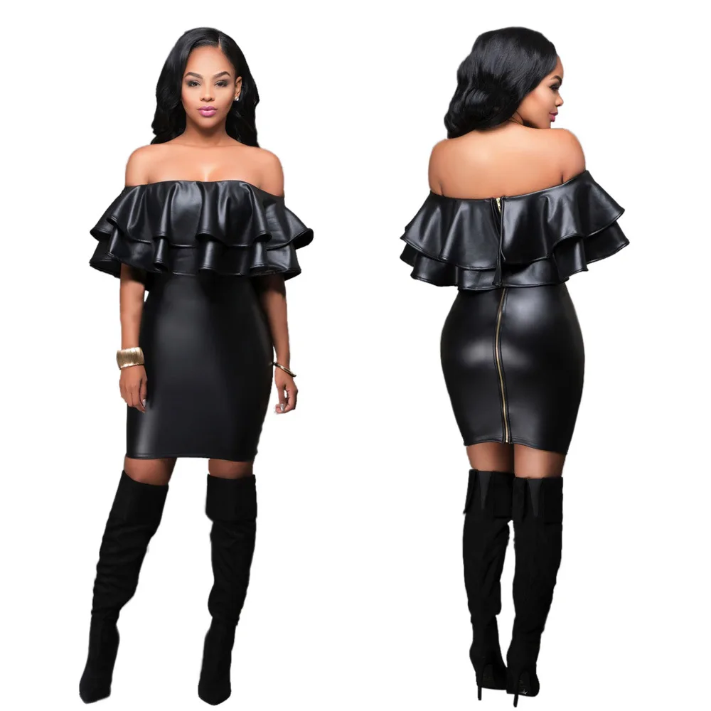 Ночной Клуб Женщин Платья Повязки Дамы Черный PU Платье Кожа С Плеча Sexy Party Bodycon