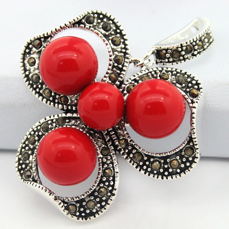 vintage 925 silver red coral bead marcasite pendant 47x37MM