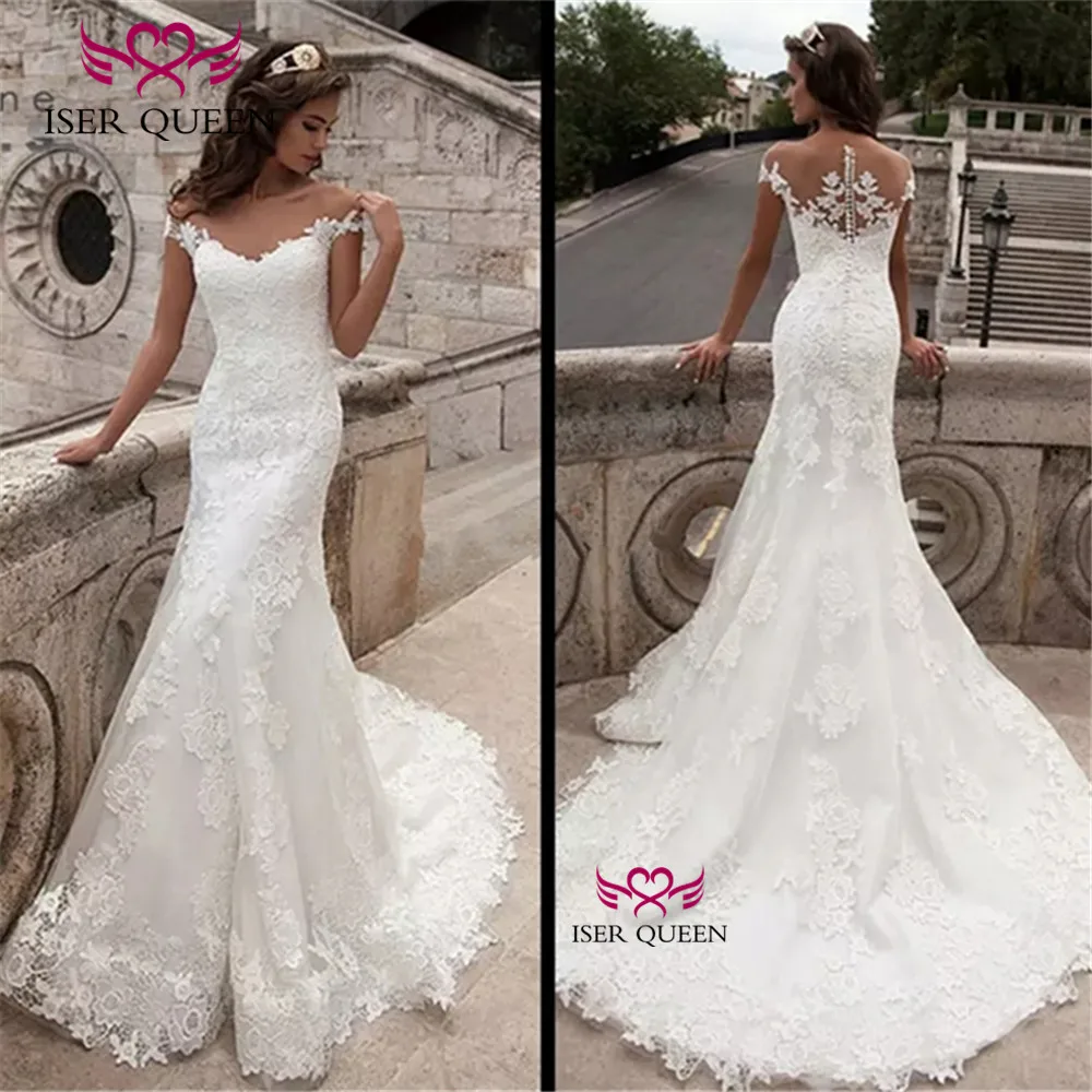 

Cap Sleeves Sweetheart Neckline Lace Appliques Mermaid Wedding dress 2021 Tulle Button Illusion Vestido Novia Bride Dress w0545