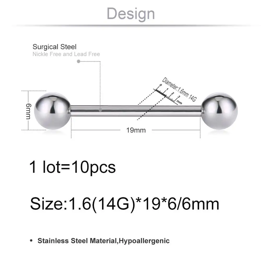 19mm length 10pcs 10 шт./лот Мяч Комплект для пирсинга приндлежности для пирсинга языка штанга нержавеющая сталь 14G Датчик язык бар высокое качество для соска в форме штанги пирсинг SD006 - Окраска металла: 19mm length 10pcs