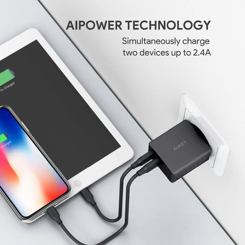 Aukey путешествия двойной USB быстрое зарядное устройство адаптер настенный
