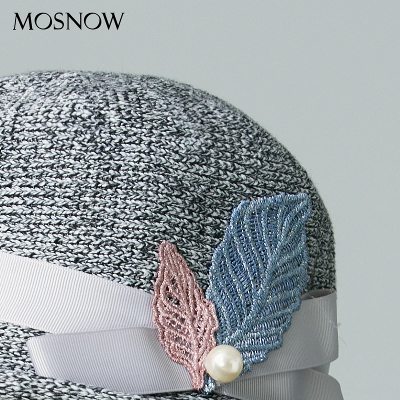 Женские соломенные шляпки элегантные летние с жемчугом и листом солнцезащитные