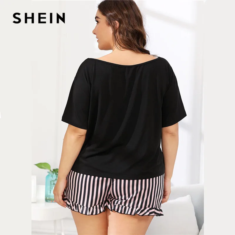SHEIN Модная Пижама С Текстовым Принтом Плюс Размер Женские Полосатые Наборы С Коротким Рукавом