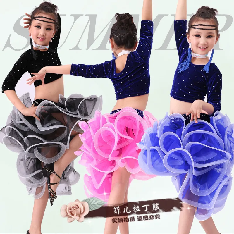 

110-160 4 colors children Latin dance performance children's dress kid girls Latin black blue red pinkdance skirt female