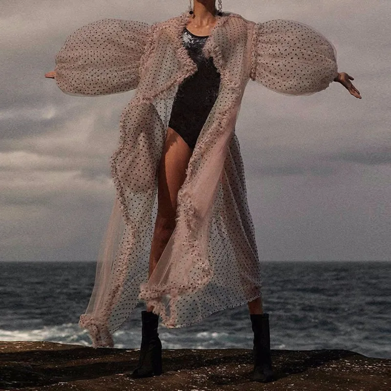 TWOTWINSTYLE Тренч в горошек женский оборками фонарь рукав карман лоскутное Макси