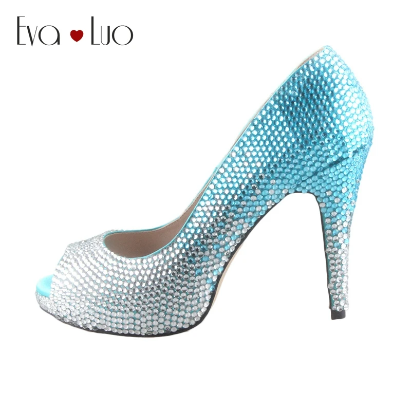 CHS568 свадебные туфли с открытым носком бирюзовые синие кристаллы на