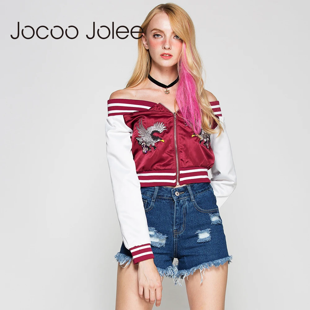 

Jocoo Jolee Streetwear Animal Embroidery Jacket Autumn Women Short Slim Windbreaker Off-Shoulder Neck Zipper Design Women Coats