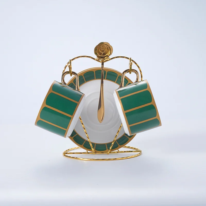Green 2Cups n Holder Позолоченная керамическая кофейная чашка, блюдце, ложка, набор, 150 мл, роскошная фарфоровая чайная чашка, элегантная чайная чашка, кофейная чашка эспрессо, Прямая поставка - Цвет: Green 2Cups n Holder