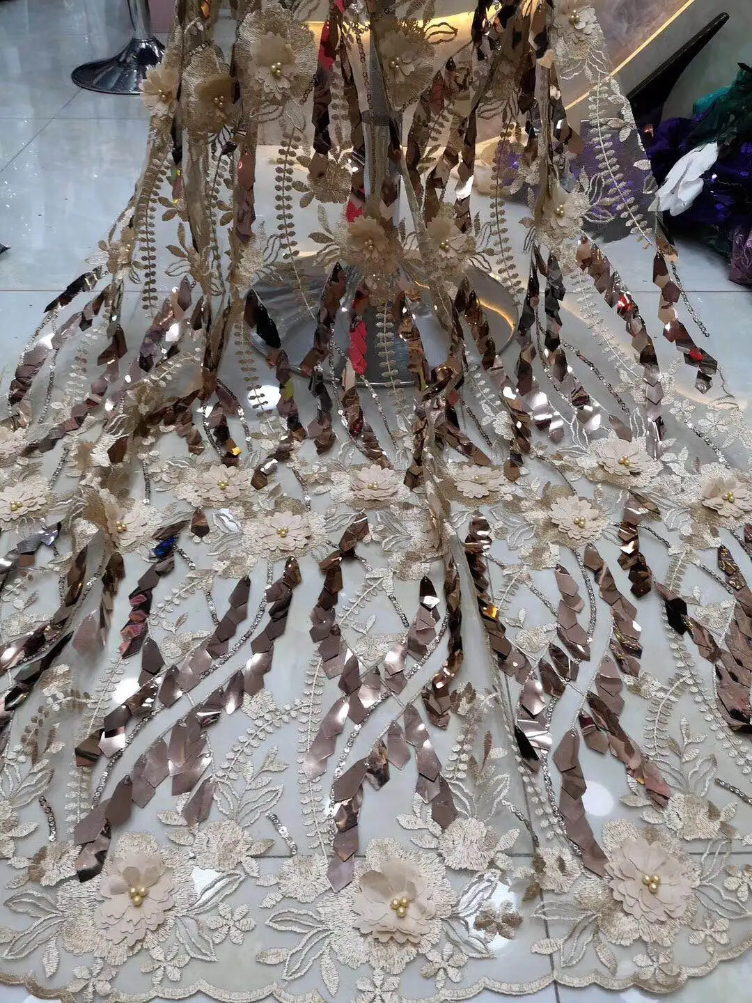 

New Nigerian French Tulle Lace With Sequins African Lace High Quality Embroidery Bead 3D Flowers Lace Fabrics For Dress FJ3288