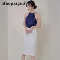 2019 summer casual elegant womens two piece set off shoulder blouse and midi sheath bodycon white skirt women solid 2 piece set