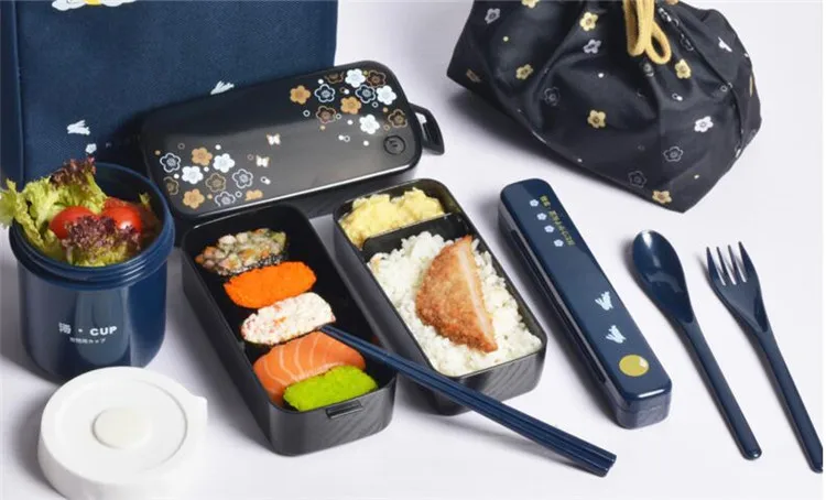 Японский стиль bento box пластиковые Ланч-боксы мультфильм microwavable еда контейнер посуда с мешками ложки палочки для еды