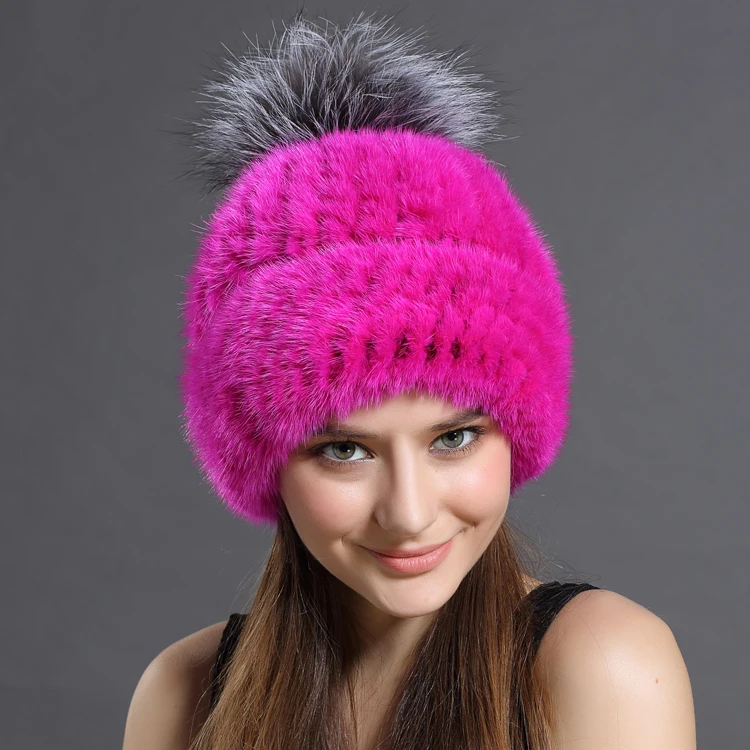 

Winter Hats for Women Real Mink Fur Hat Fashion Fur Bonnet Women's Warm Streetwear Hat Large Fox Fur Pompom Czapka Zimowa MY818