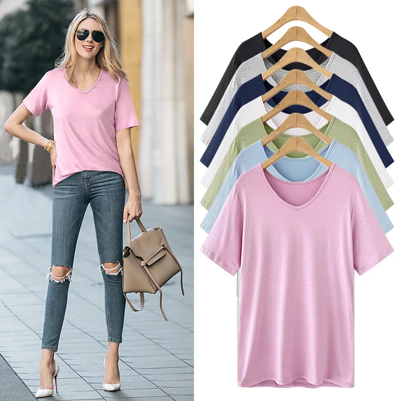 

2019 WomenTops Summer Plus SizeWomen Solid V Neck Short Sleeve Casual Big Size T- Shirt Tops Femme