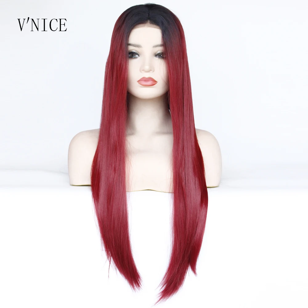

Парики V'NICE, длинные, прямые, темно-корни, цвет темно-красный, винно-красный, средней части, синтетические, кружевные, передние, для черных жен...